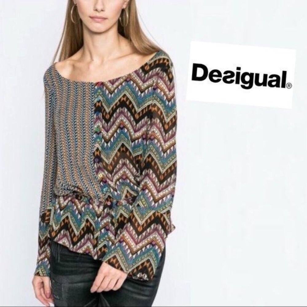Desigual Multicolor Blouse XS Top Multicolor Long Sleeve Brown Chevron striped